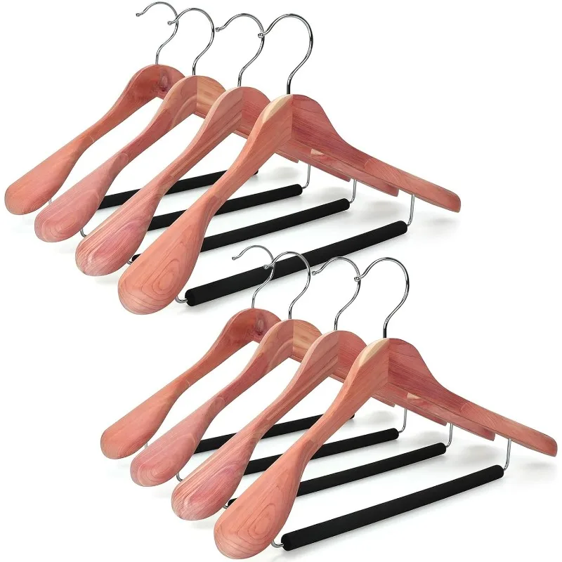 American Red Cedar Wide Shoulder Wooden Hangers 8 Pack, Luxury Wood Suit Coat Hangers with Black Padded Pant Bar-360° Swivel