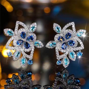 Luxury Female Cute Crystal Blue Zircon Stone Flower Stud Earrings Vintage Silver Color Wedding Fashion Jewelry For Women