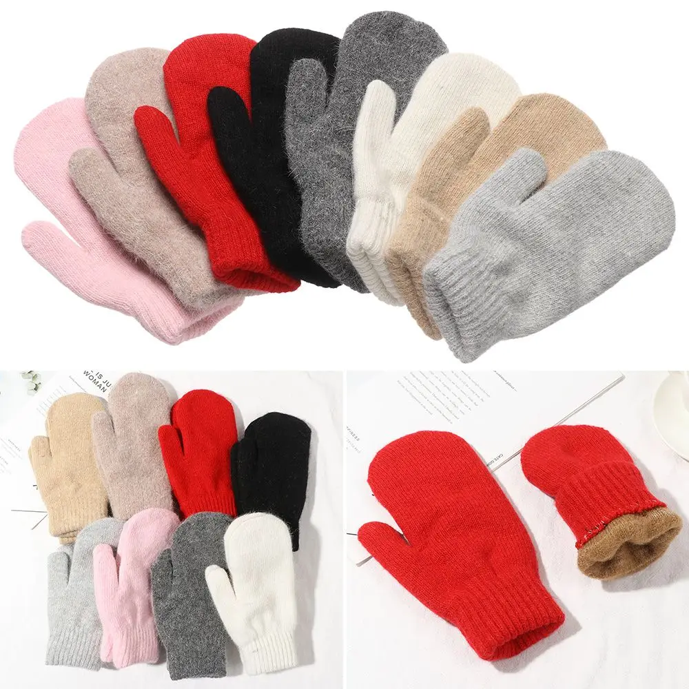 Fashion Solid Color Plush Double Layer Winter Gloves All Fingers Rabbit Hair Mittens