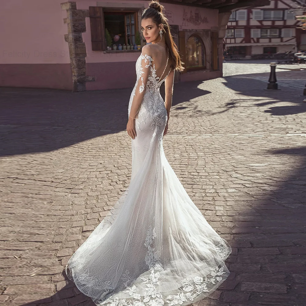 ANGEL Mermaid Lace Wedding Dresses Customized Illusion Back Long Bride Gowns Lace Applique Scoop Tulle Suknia ślubna 2025 civil 3