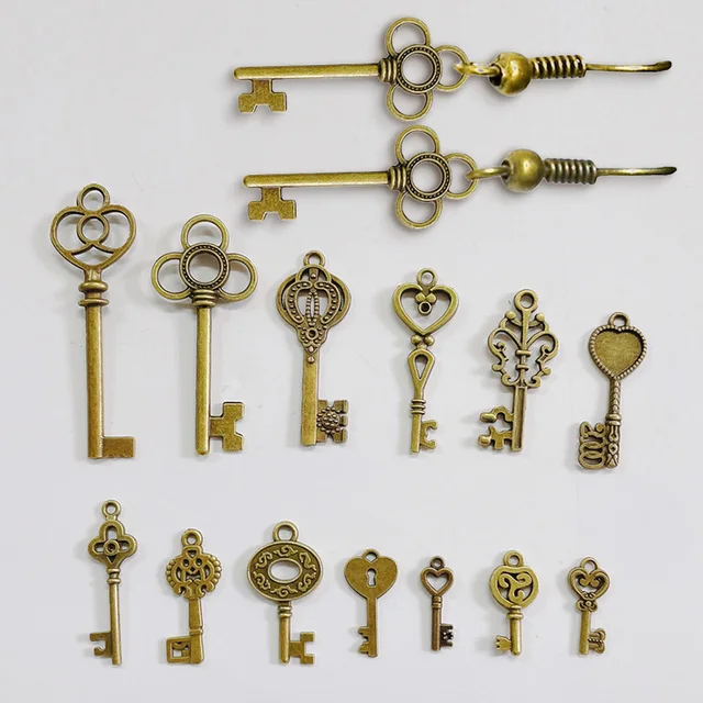 10pcs Old Looking Decorative Key for Steampunk Charms Pendant Jewelry  Making DIY Metal Retro Red Antique Brass Vintage Silver