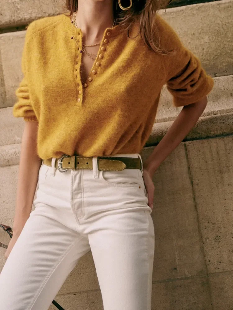 

Knitted Sweater for Women 2023 New O-Necked Half Open Collar Buttons Solid Color Casual Long Sleeve Pullover
