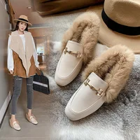 Retro Loafers 2024 Fashion Women's Shoes Autumn and Winter Women Velvet Warm Flat-bottomed Rabbit Fur Leather Shoes - Image 2