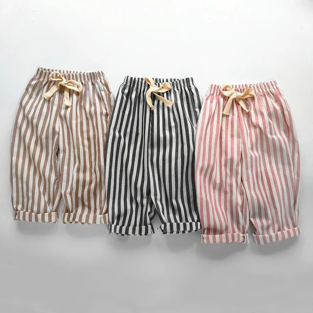 Printemps été garçons rayé pantalon ample bébé fille Vintage décontracté lin coton Harlan pantalon enfants à lacets pantalon enfants vêtements 1