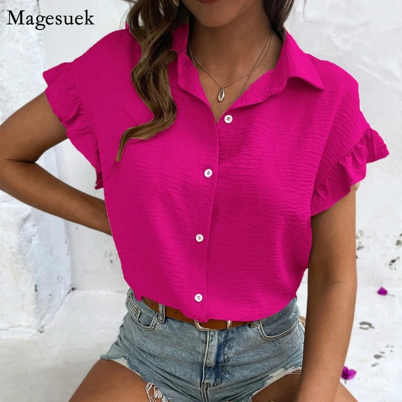 Ruffle Fashion Women Summer Blouse Tops Vintage Loose Casual Ladies Blouses Short Sleeve Solid