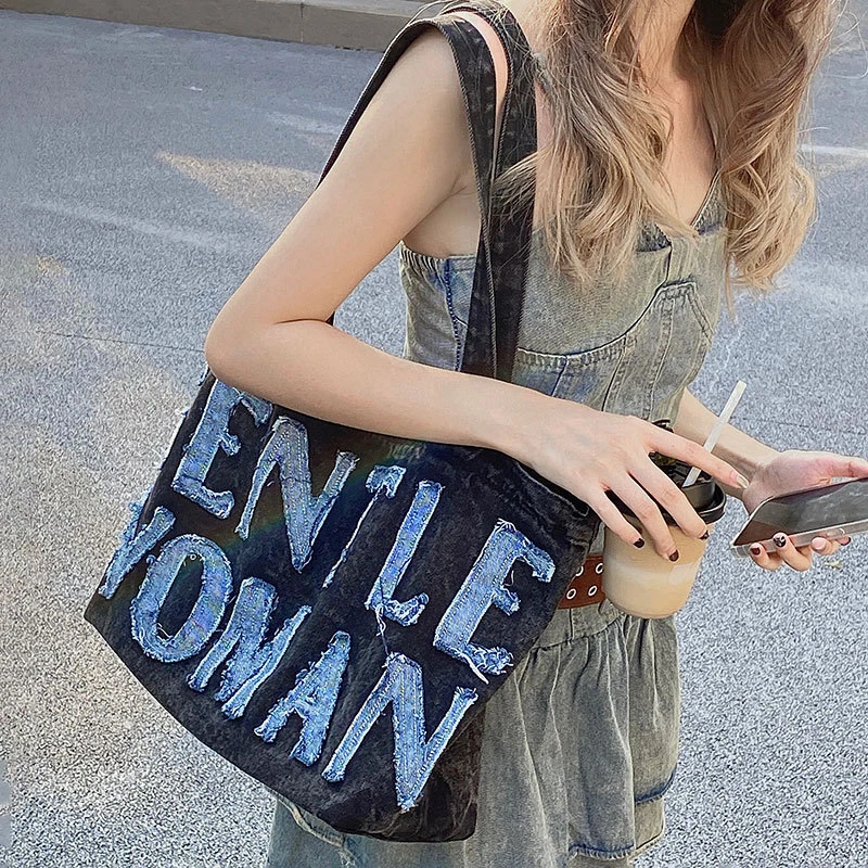 Trendy Letter Casual Tote Shoulder Bags Canvas Jeans Messenger Bags Soft Student Large Capacity Open Shopping Handbags For Women