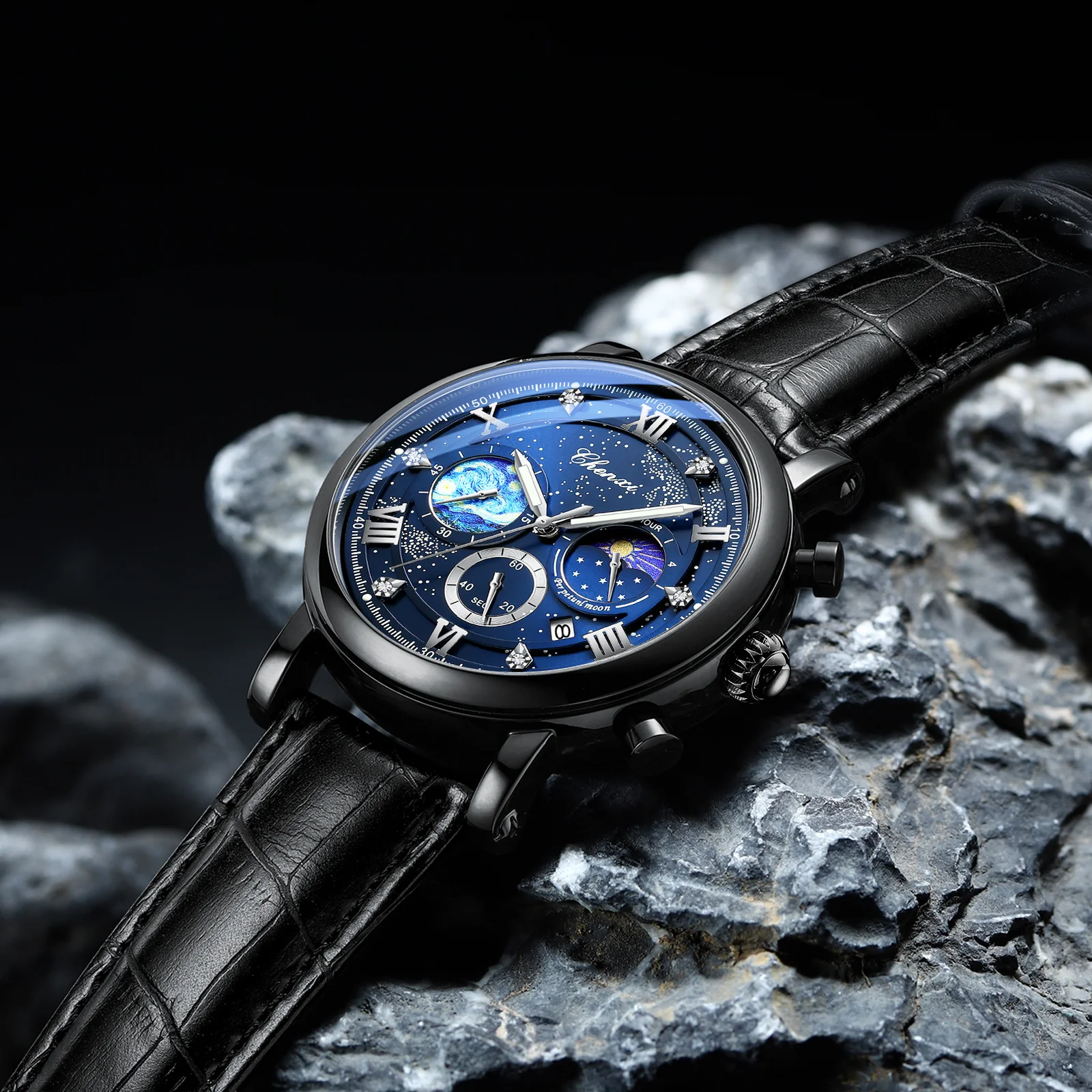 Men's quartz watch Leather strap waterproof watch Van Gogh Starry Sky decorated dial Chronograph Stopwatch Calendar available