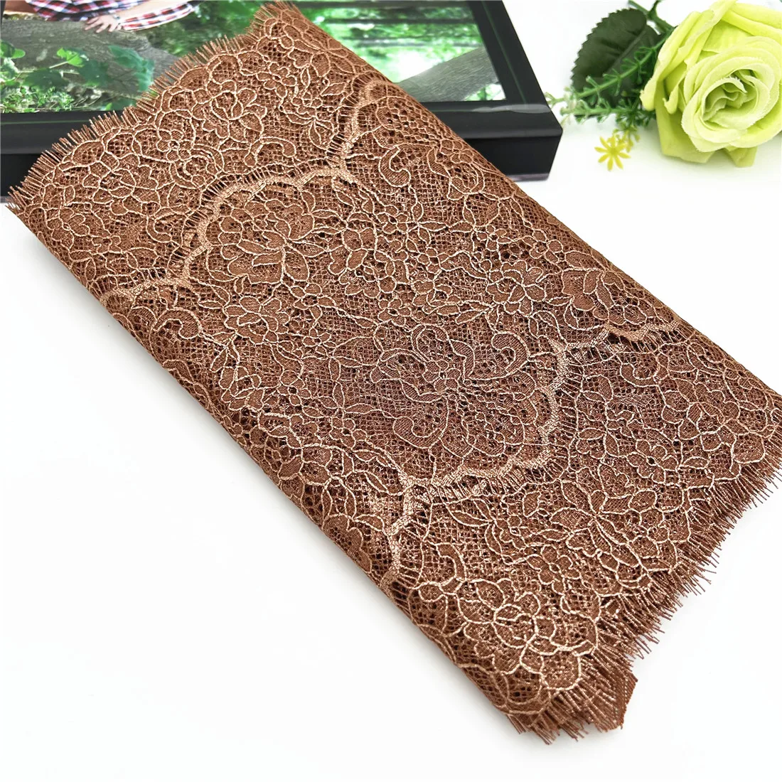 3M/lot 24cm Brown With Foil Eyelash Lace Fabric DIY Crafts Sewing 3