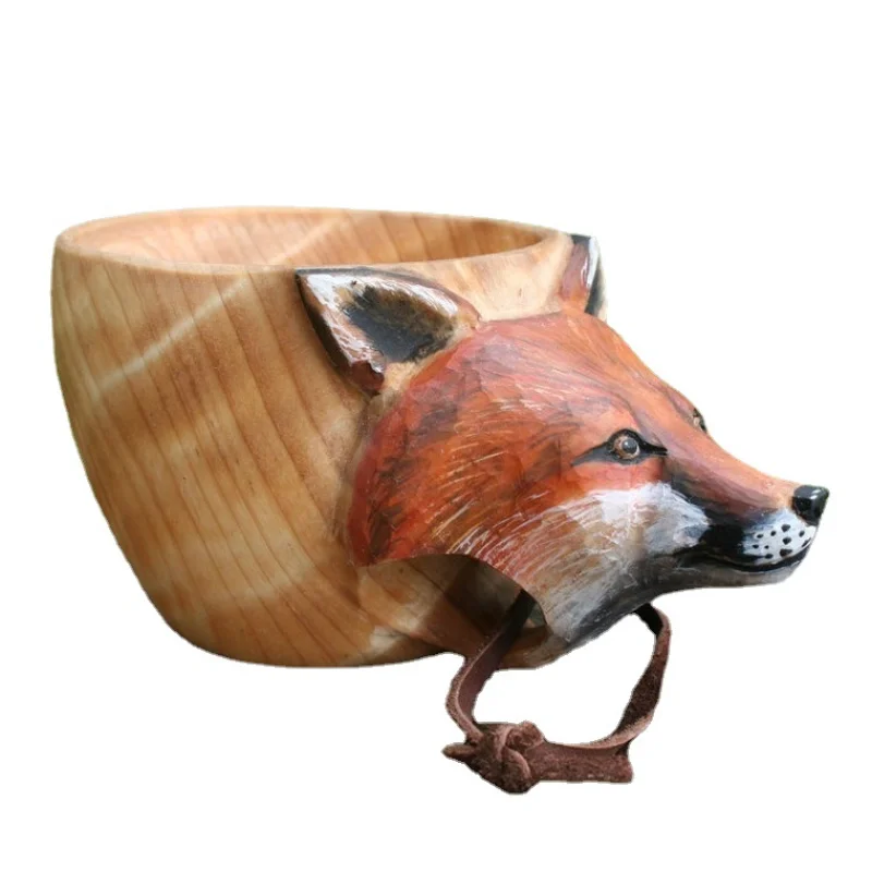 창의적인 나무 물컵 늑대 여우 멧돼지 사슴 물고기 머리, 3D 스테레오 마크 물컵, 손으로 새겨진 동물 머리 컵, 홈 장식 선물