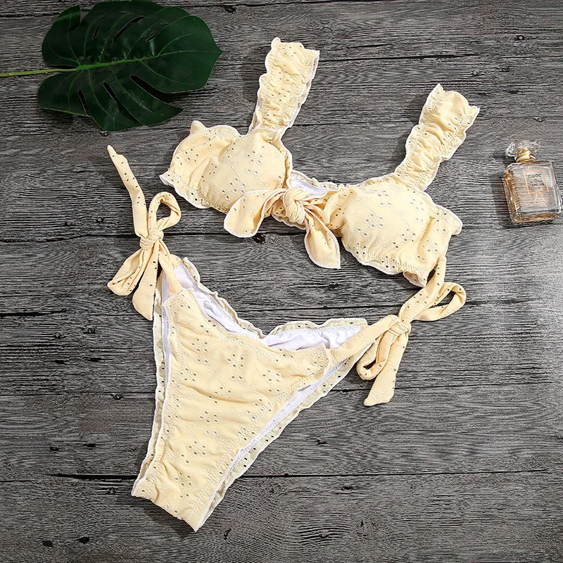 섹시한 여성용 비키니 세트, 단색 러플 수영복, 2 피스 스플릿 푸시업 붕대 비치웨어, 끈 팬티 수영복
