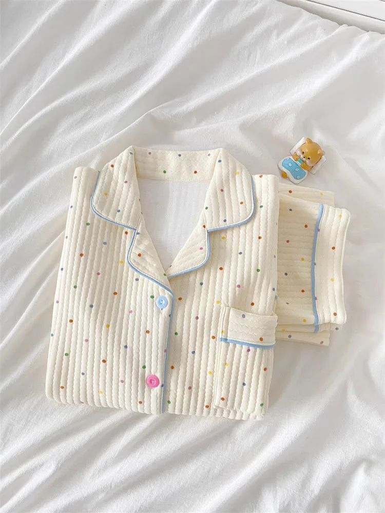 Autumn Winter Polka Dot Plus-size Long-Sleeved Sleepwear Set For Women Korean Air Cotton Casual Loose Warm Girls Home Clothes