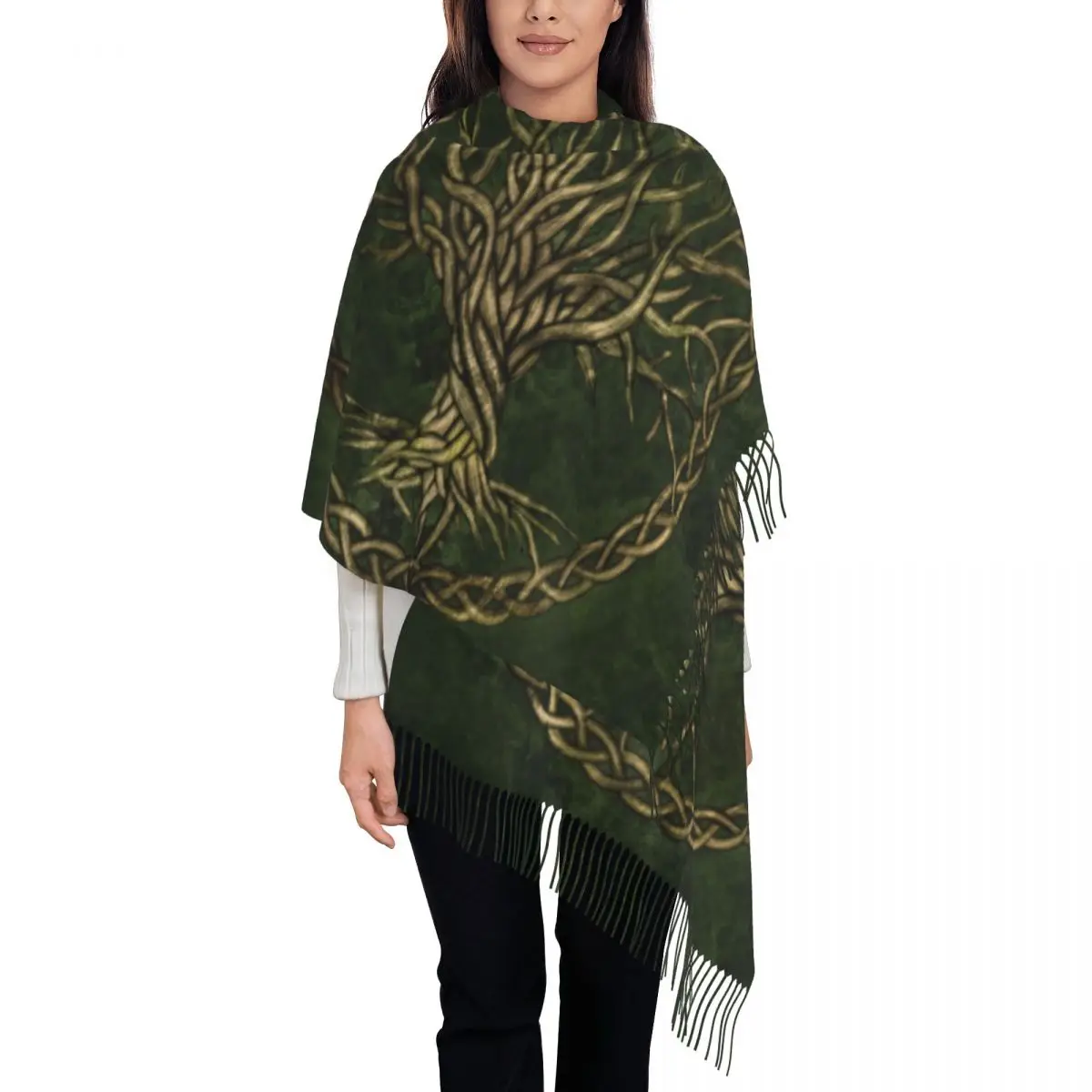 

Personalized Print Green And Gold Tree Of Life Scarf Women Men Winter Warm Scarves Vikings Yggdrasil Shawl Wrap