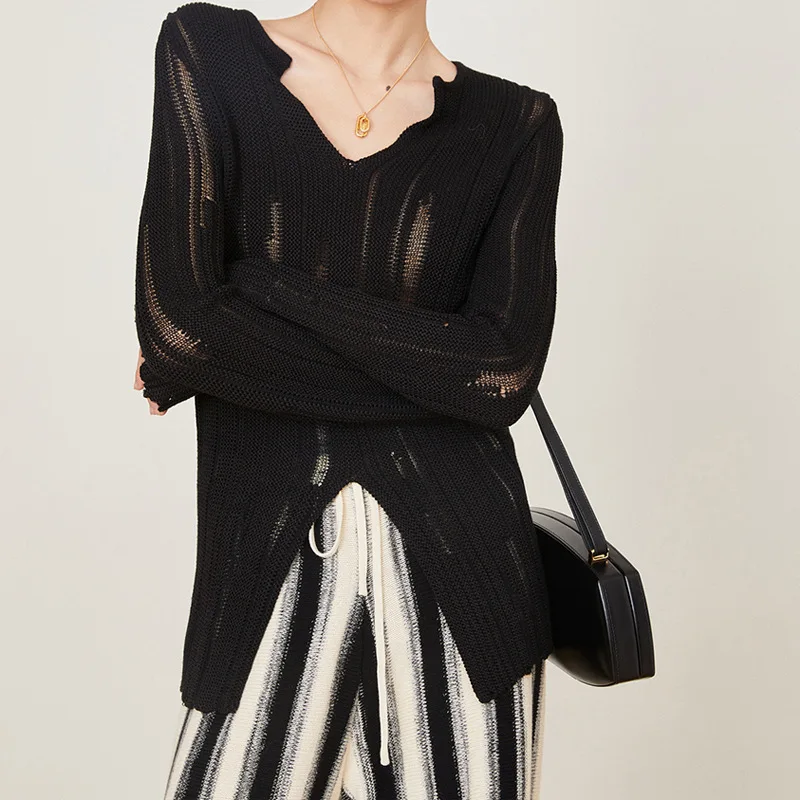 

Autumn Lazy Sweater Slim Hollow Out Knit Sweater Women Chic Top 2023 Long Sleeve Solid Color Pullovers