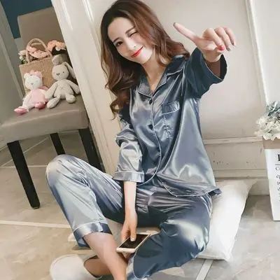 Autumn Winter Women’s Ice Silk Pajama Set Long Sleeve Cardigan 26