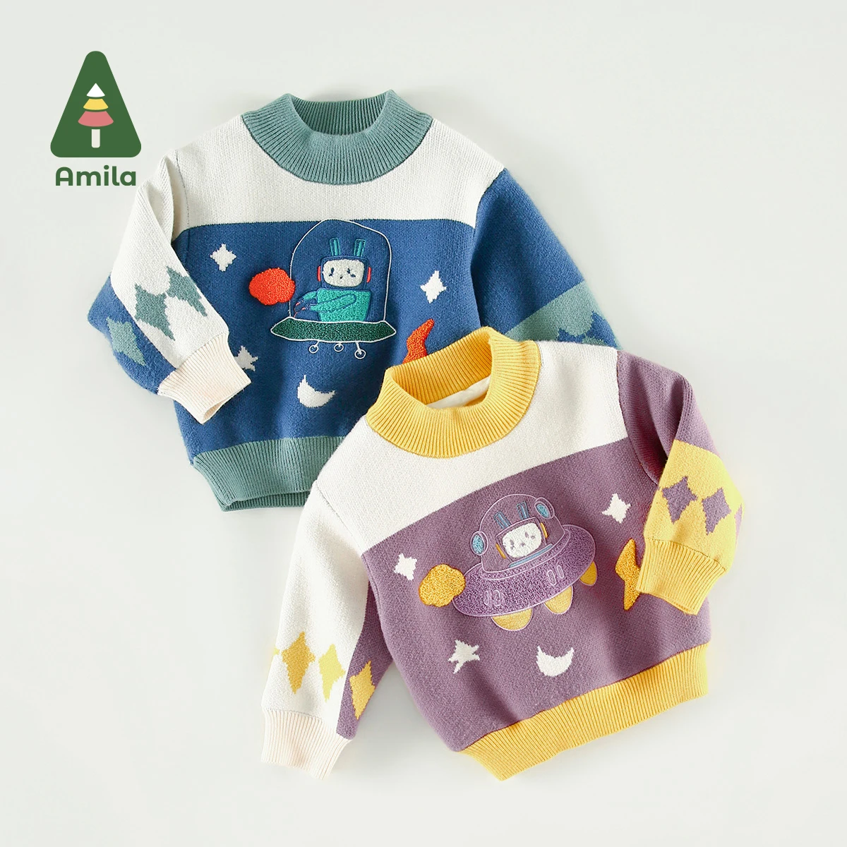 Amila Babieas Sweater Winter Baby Girls Children's Cartoon Embroidered Alien Pattern Tops Boys Casual Fashion Clothing