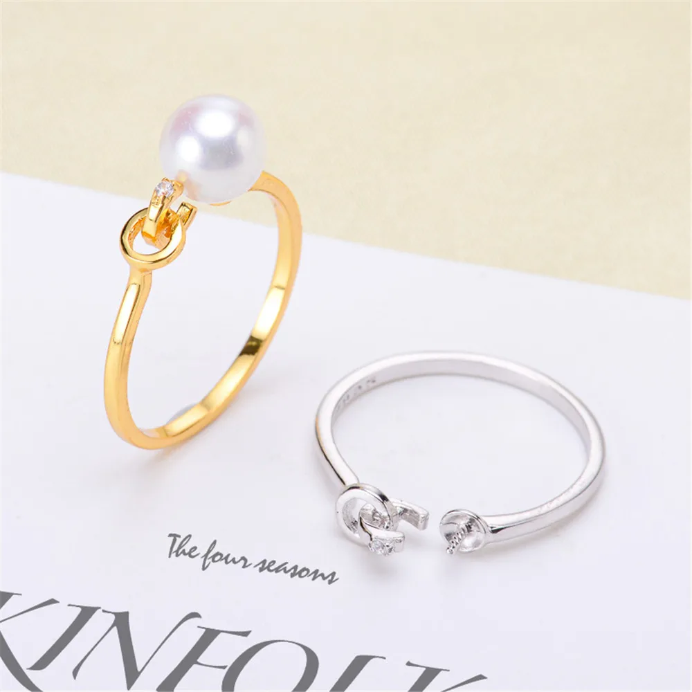 

DIY Pearl Accessories S925 Sterling Silver Ring Empty Holder Fashion K Gold Edition Ring Holder with 6-8mm Round Flat Beads