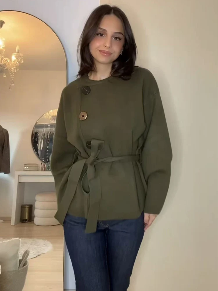 Elegant Women Round Collar Knitted Coat Solid Full Sleeve Single Breasted Lace Up Coats Female Autumn Fashion Sweater Outwears