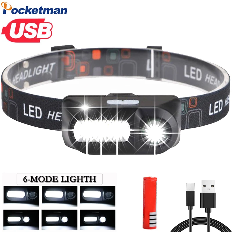 

XPE+COB Super Bright LED Headlamp USB Rechargeable Headlight Charging Fishing Head Torch Waterproof 18650 Battery For Camping