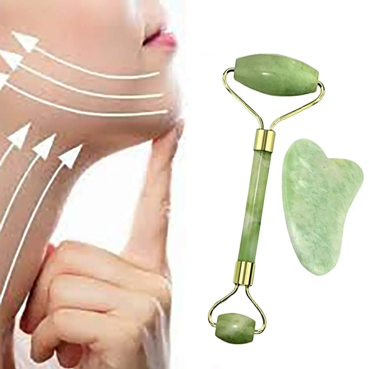 Natural Jade Roller Guasha Skin Scraper Facial Set Facial Stone Firming