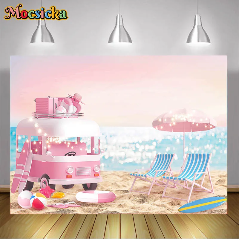 Fondale Fotografico Summer Beach Pink Bus Chair Bokeh Anello Di Nuoto Tavola Da Surf Baby Showerbackground Kids Portrait Photo Studio