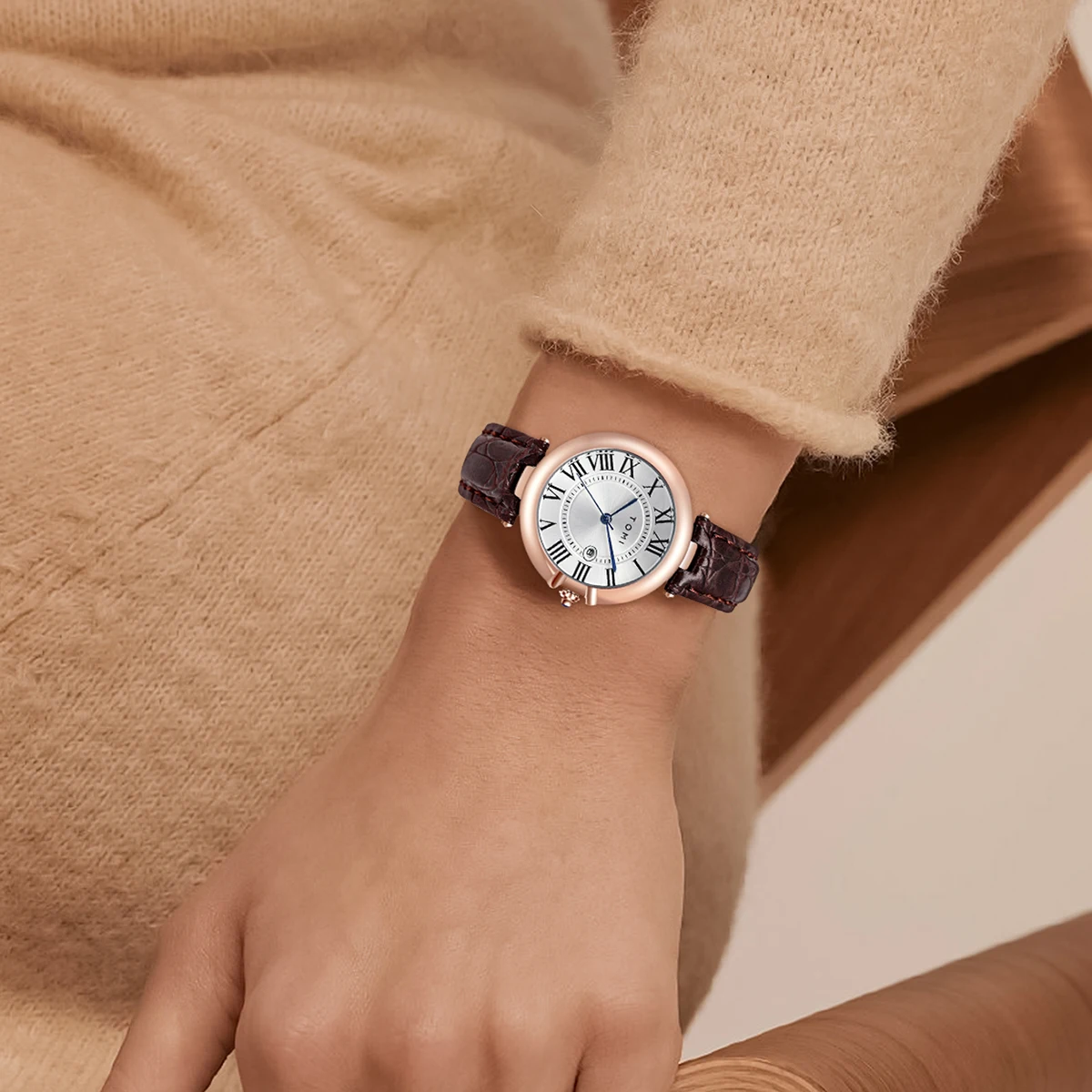 TOMI Simple Fashion Women's Watch Elegant Women's Style Luxury Round Small Dial Calendar Belt Watch Holiday Gift Relogio Feminin 2