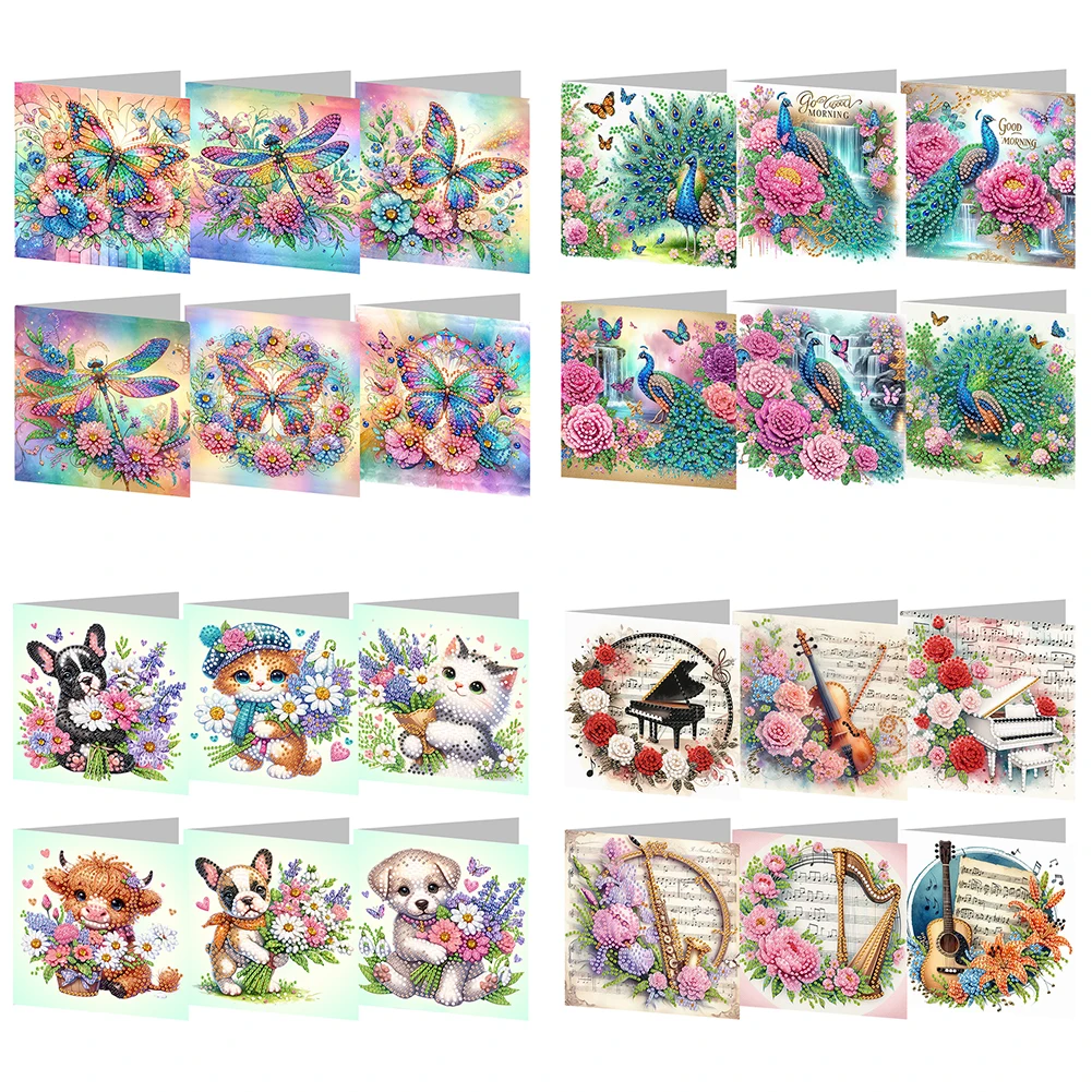 6Pcs Cat And Dog DIY Diamond Painting Card Diamond Drawing Card Painting Greeting Adults Holiday Friends Family