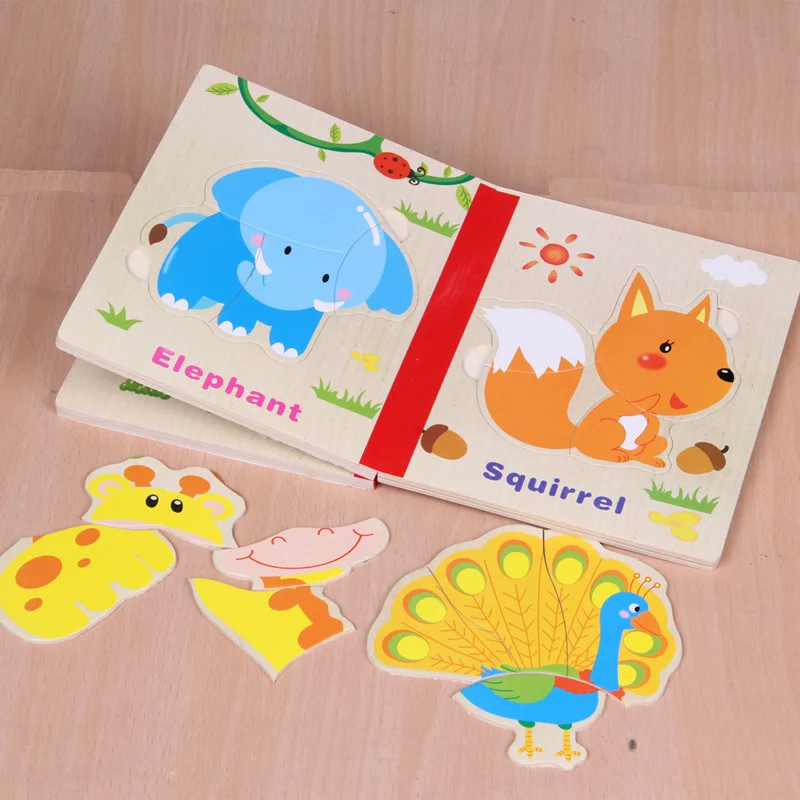 Children's 66PCS Cartoon Animal Story Puzzles Wooden Book Baby Early Enlightenment Training Educational Jigsaw Puzzle Toys Gift all 4 volumes of pictographic enlightenment early flip libro kindergarten literacy full book picture preschool literacy books