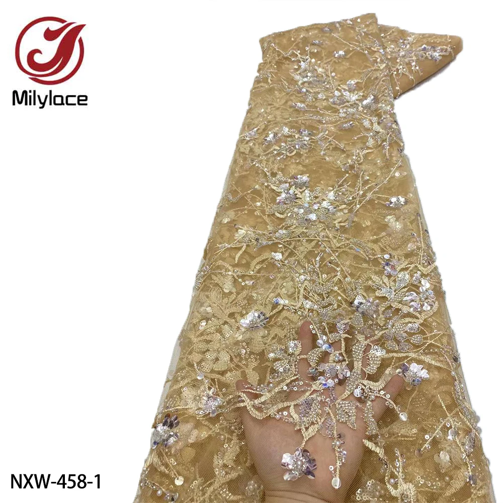 

New Design African Lace Fabric Sequins French Tulle Lace Fabric with Beads for Wedding Dress NXW-458