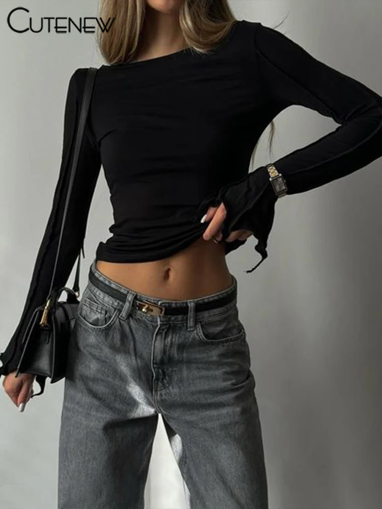 Camisetas clásicas salvajes para mujer, tendencia de otoño, nuevas camisetas ajustadas con cuello redondo y manga larga lisas, camisetas básicas de calle para mujer, nuevas camisetas diarias