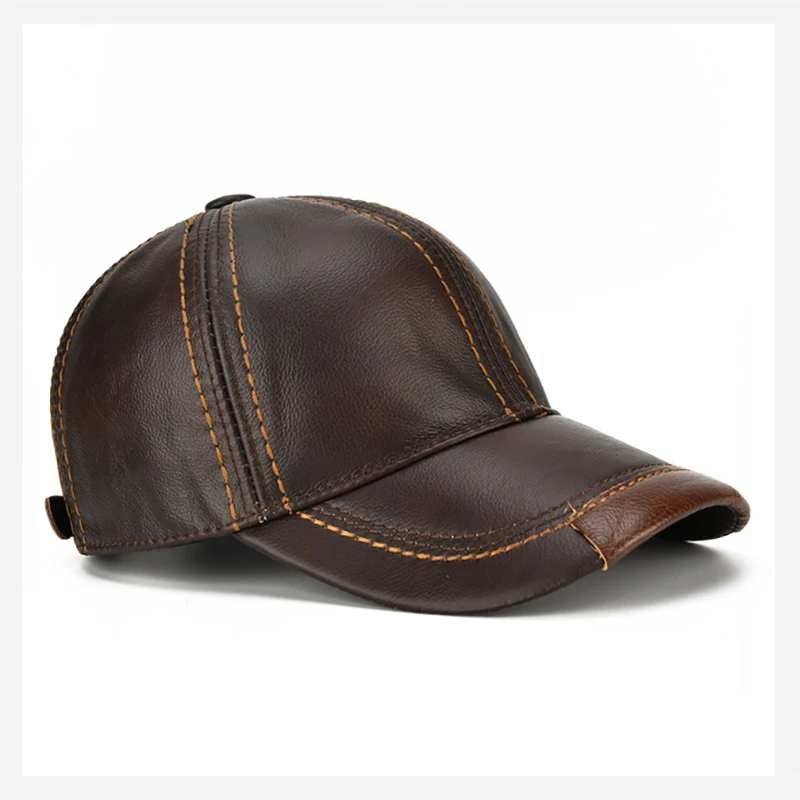Men Real Cowhide Leather Earlap Caps Male Fall Winter 100% Real Cow Leather Hats New Casual Real Leather Outdoor Baseball Cap 6