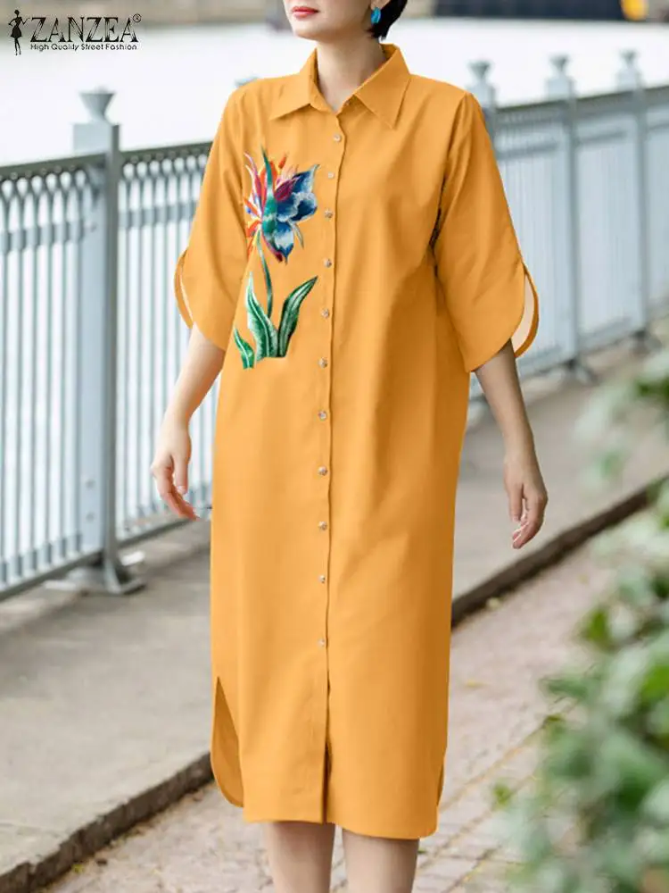 

ZANZEA Elegant Lapel Neck Robes 2024 Summer Vintage 3/4 Sleeve Vestidos Women Floral Print Long Shirt Dress Casual Loose Dresses