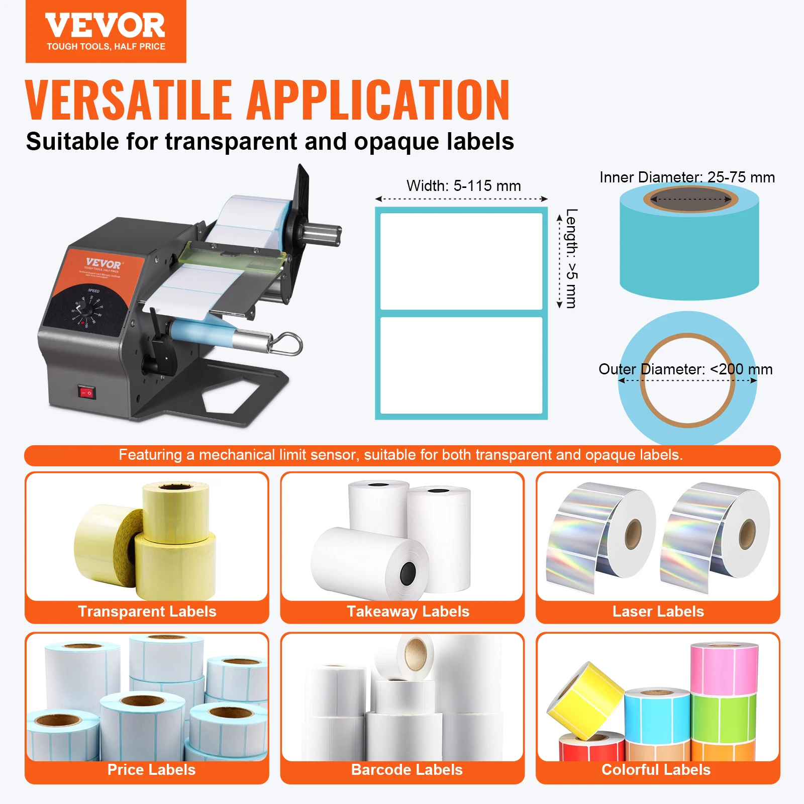VEVOR Automatic Label Dispenser Speed Adjustable Label Stripper Separating Applicator for Transparent Opaque 5-115mm Labels