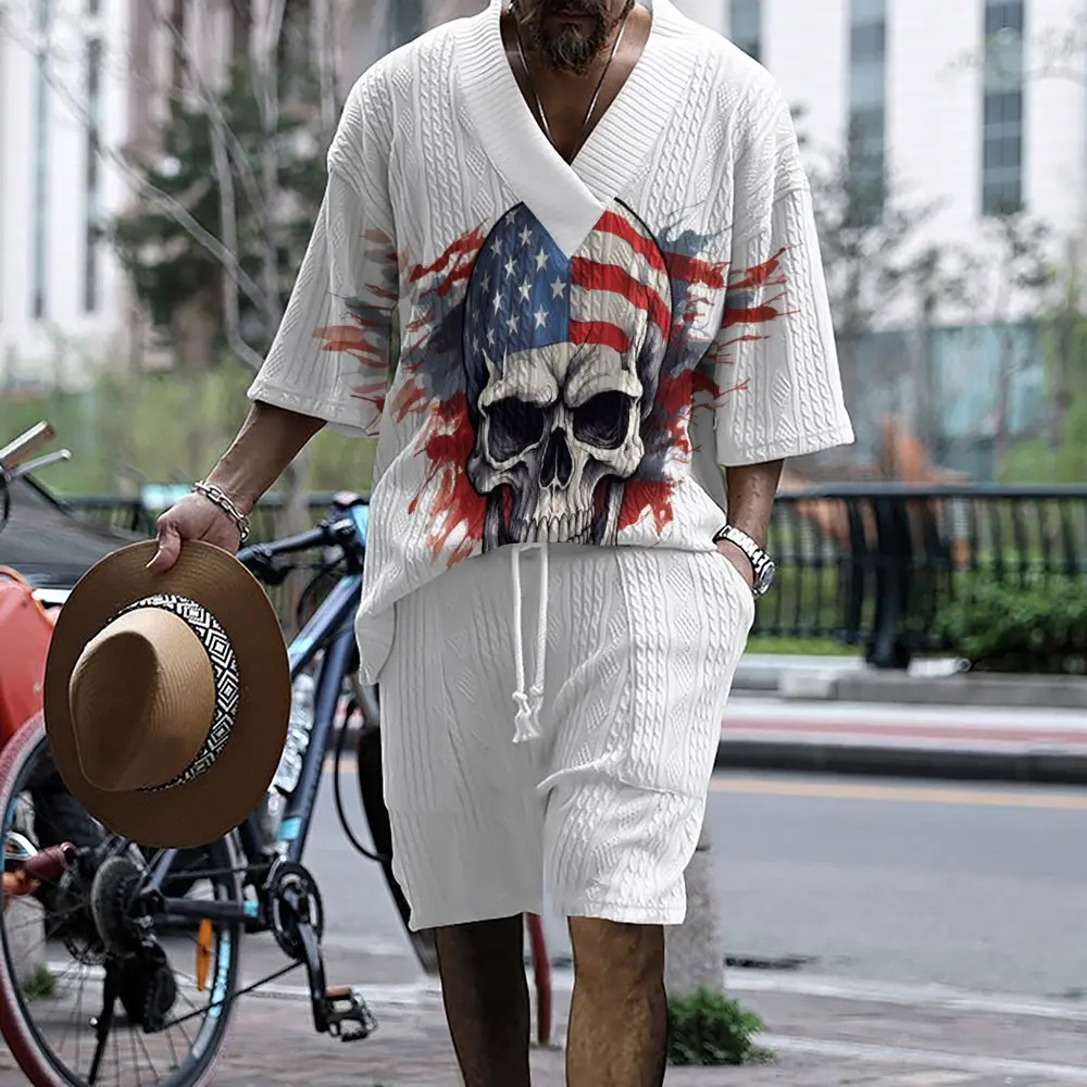 

Independence Day Men's Set Summer 3D Printed Casual Fashion Men's Clothing Jacquard Half Sleeve T-shirt Shorts Two-piece Set