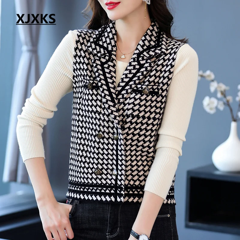 

XJXKS 2022 Autumn Winter Latest Fashion Lapel Women's Sleeveless Jacket Loose Single-breasted Short-sleeved Outer Vest
