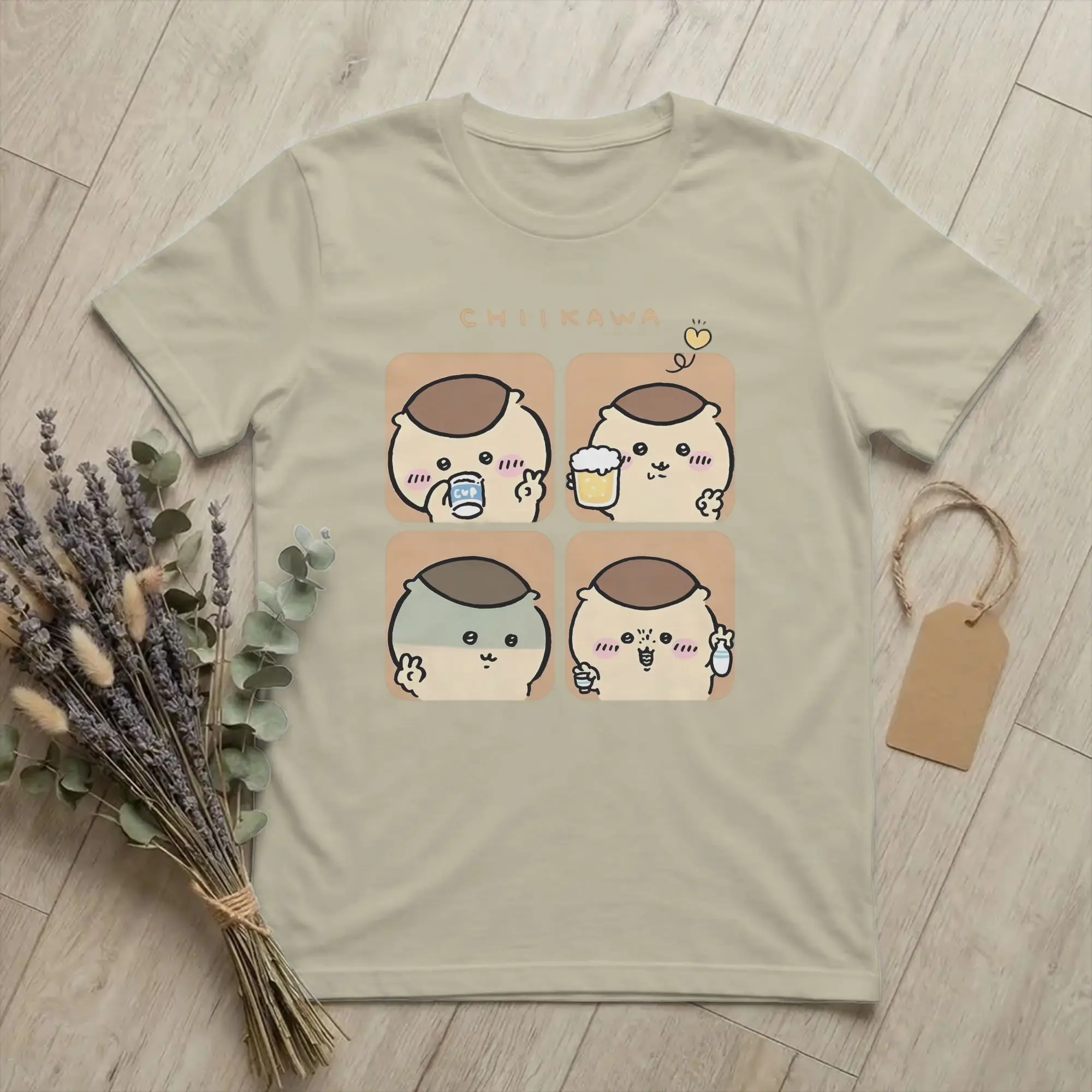 Chiikawas Drinking T-Shirts für Männer und Frauen, Baumwoll-Tops, lustiges, kurzärmliges T-Shirt mit Rundhalsausschnitt, bedrucktes T-Shirt