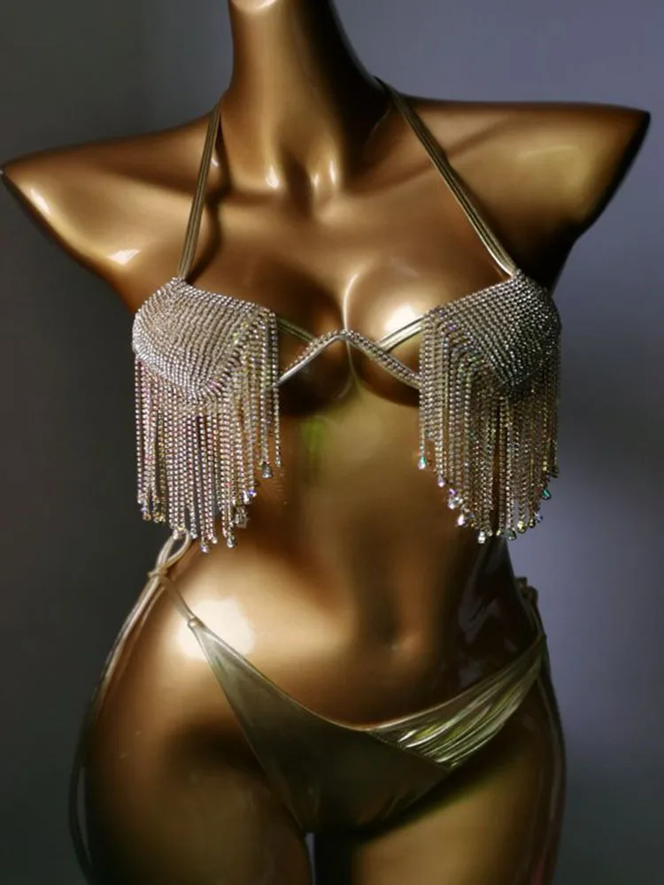 

Luxury Festival Glitter Rhinestone Bikini Sets Outfit Women Night Club Rave Shiny Diamond Tassel Bra Thong Party Two Piece Sets