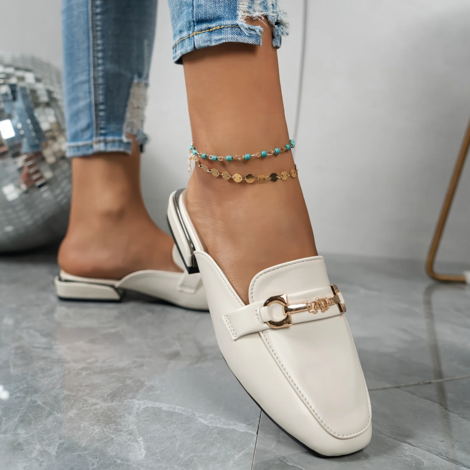 Elegant Women's Metallic Buckle Decor Flat Mules for Stylish Ladies, Slip On Square Toe Shoes with Comfortable Fit and Modern St
