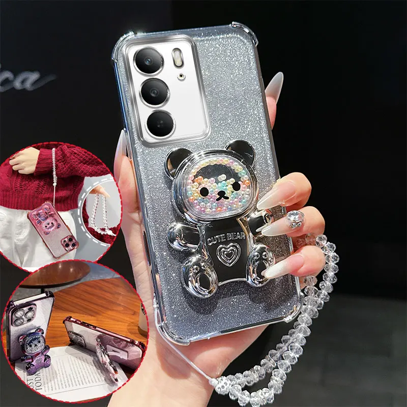 Shockproof Phone Case with Cute Bear Stand and Crystal Chain Lanyard - Glitter Design