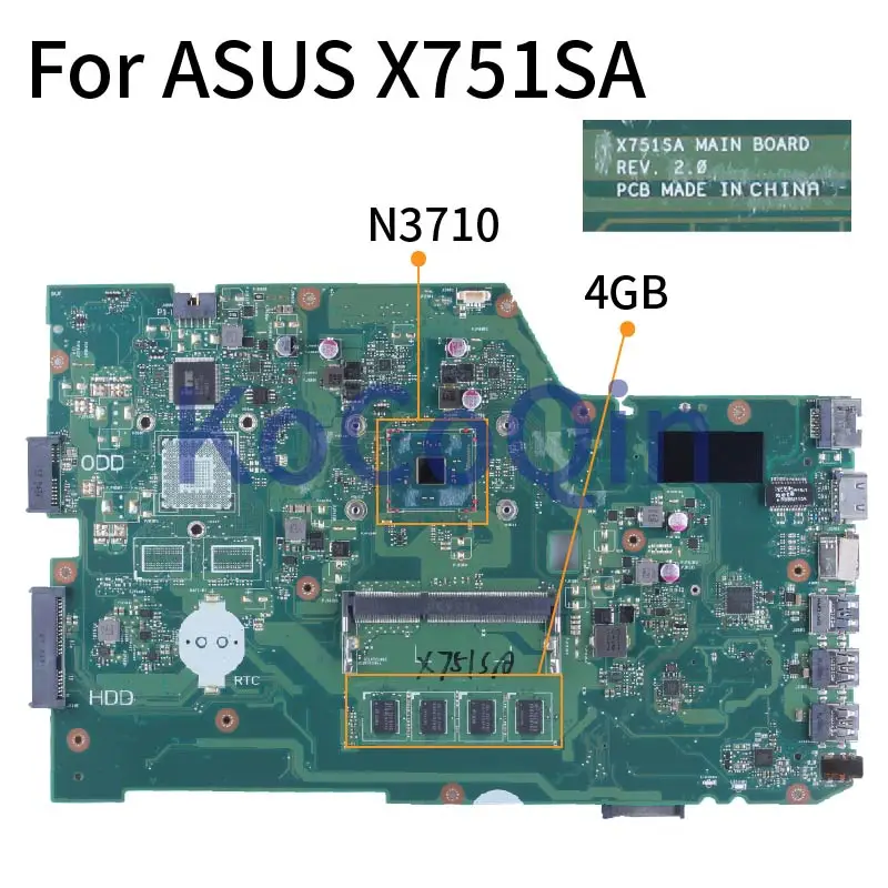 para Asus X751sa N3700 N3710 Notebook 4g Mainboard X751sj F751sj K751sv F751sv X751sv A751sv F751sa A751sa Laptop Motherboard