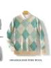 Men Classical Rhombus Knit Sweater Autumn Winter Thick O-neck Long Sleeve Pullover 100% Merino Wool Knitwear Smart Casual Cloth 1