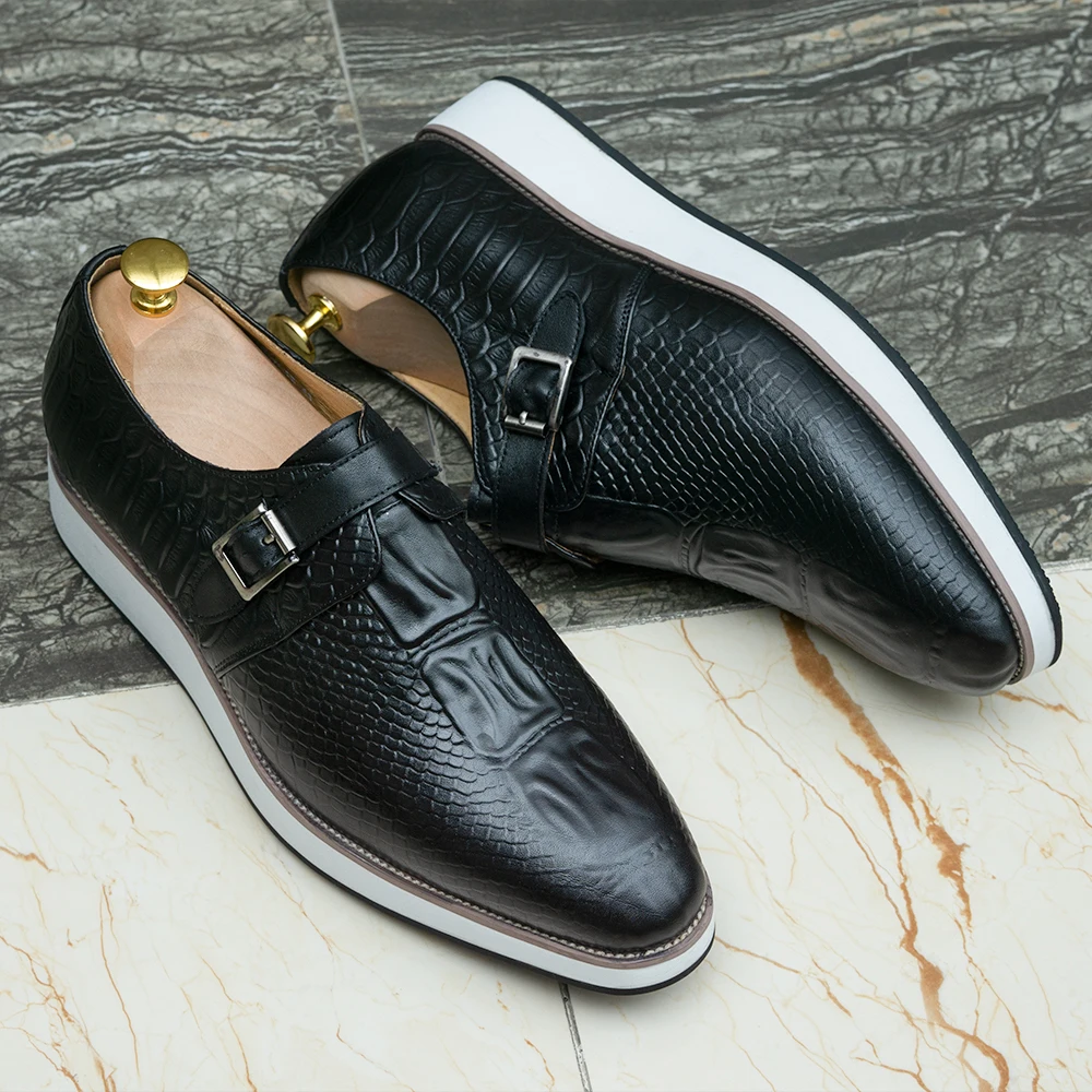 Mens Casual Shoes Genuine Leather Crocodile Pattern Classic Shoe for Men Leather Original Fashion Buckle Monk Strap Sneakers 5