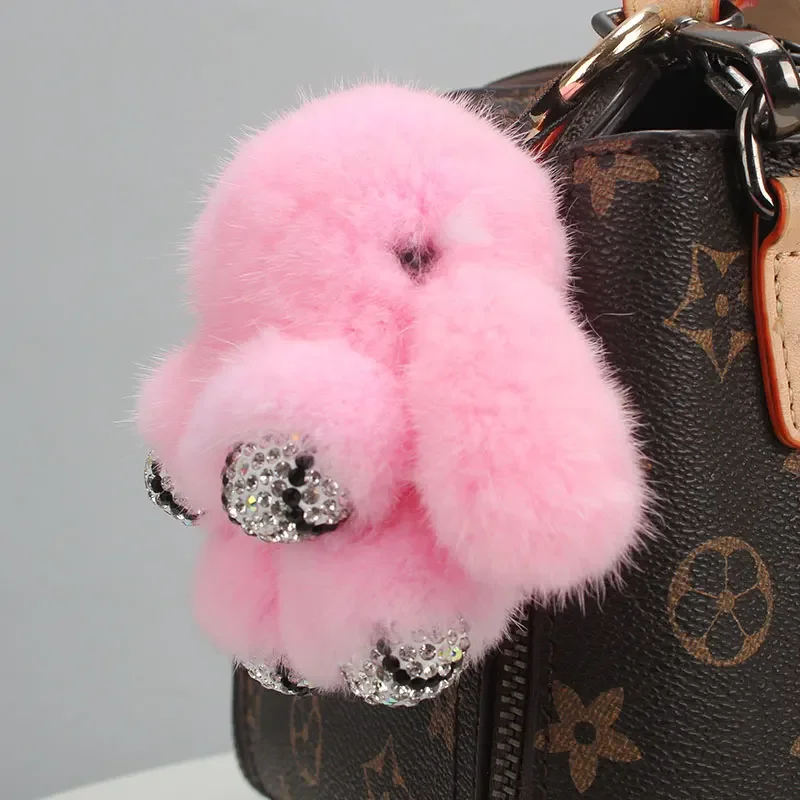 Cute Long Ear Bunny Keychain Real Mink Fur Rabbit Doll Pendant Toys Keyring Handbag Charm Ornament Pompom Plush Jewelry Gifts