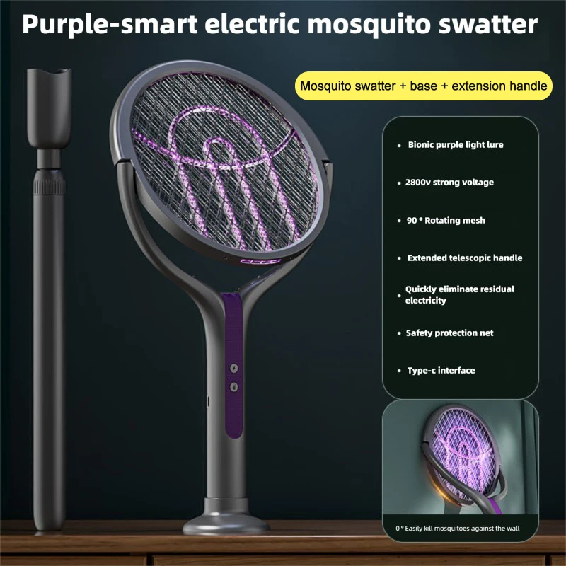 mosquito killer swatter 5-in-1 retractable extension pole electric mosquito swat multi-functional rotating net swat rechargeable USB family camping use