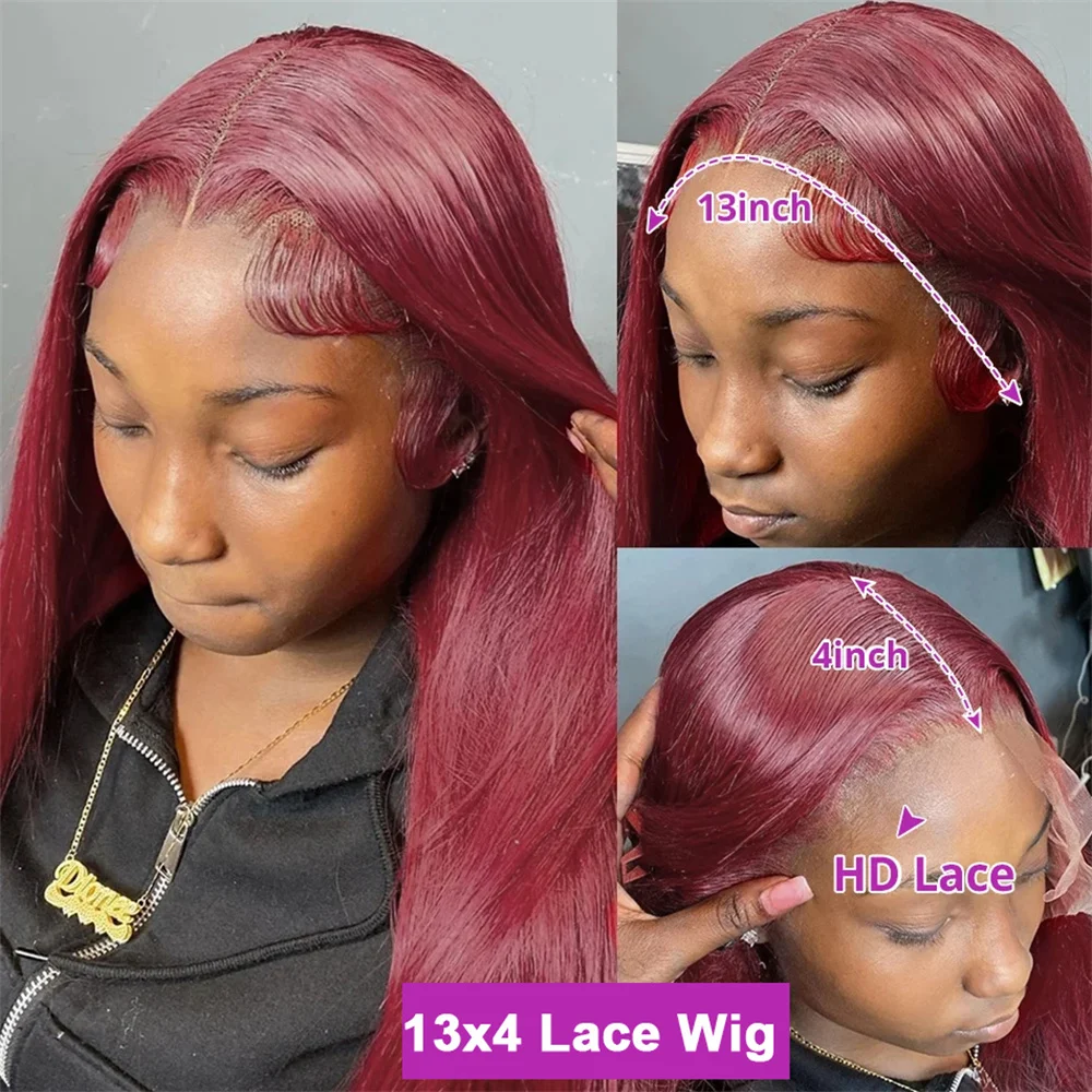 99j Straight Frontal Wig Burgundy 13x4 Lace Front Wig Human Hair Straight HD Transparent Lace Front Human Hair Colored Wigs