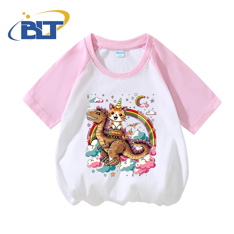 

Dinosaur unicorn cat print kids cotton T-shirt summer contrast short-sleeved casual tops for boys and girls