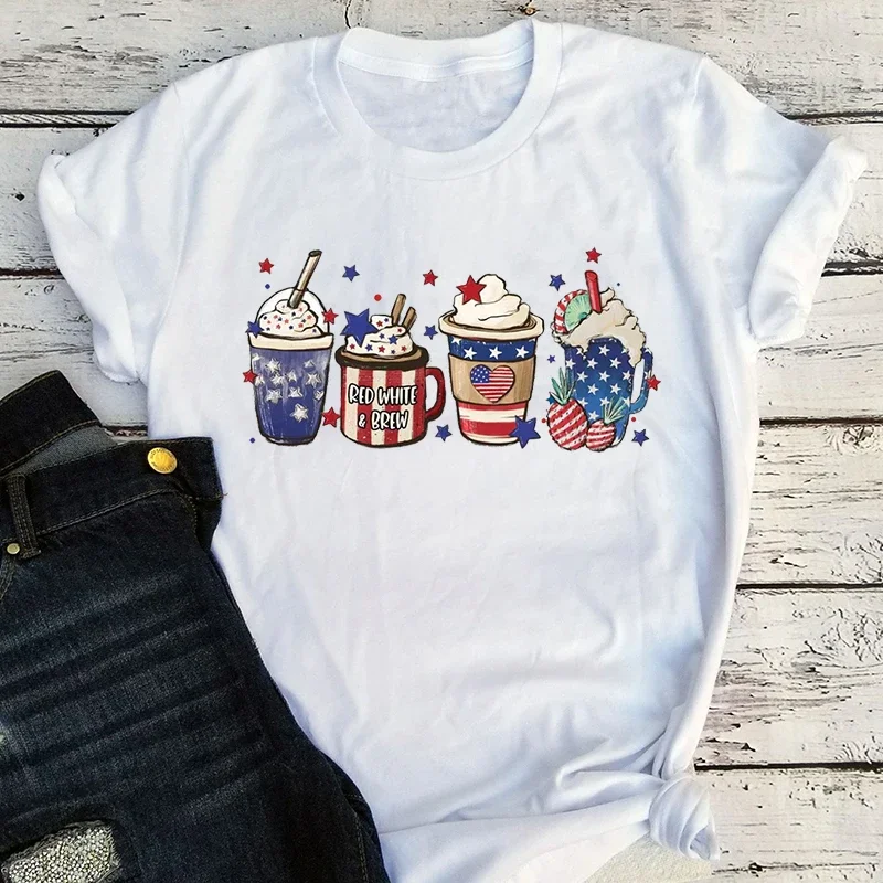 

Coffe Cup American Shirt Coffee Shirts Cute 4th of July Tee American Family Vintage Clothes Patriotic Tops L