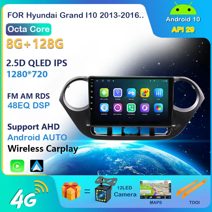 Автомобильный радиоприемник QLED 1280*720P 9 дюймов для Hyundai Grand I10 2013-2016 Android 10