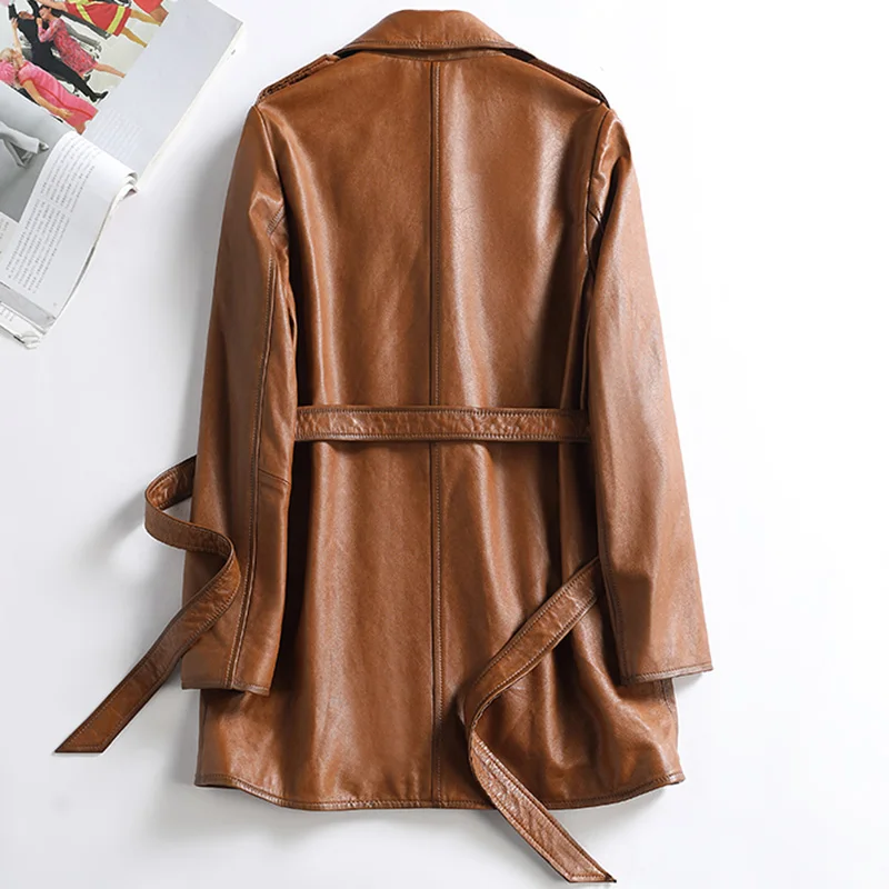Women Leather Jacket Solid Belt Long Genuine Sheepskin Coat 2024 New Overcoat Retro CL4030