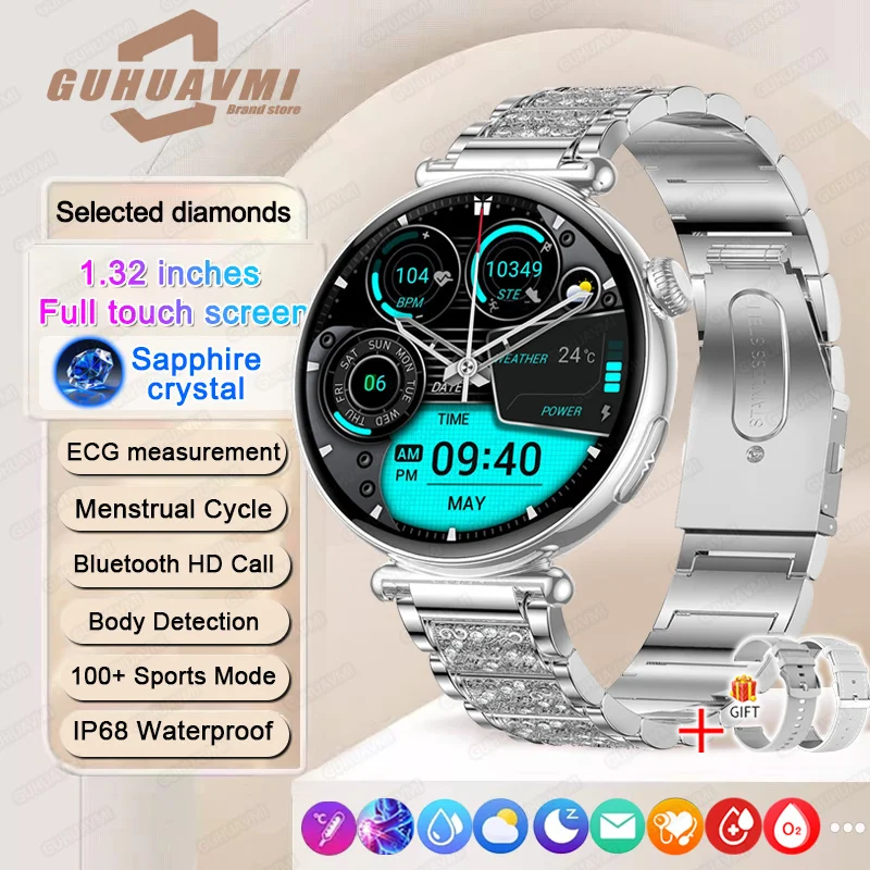 Mulheres smartwatch 1.32 polegada tela amoled chamada ecg esporte relógio de pressão arterial micro exame físico ai dial feminino relógio inteligente 14
