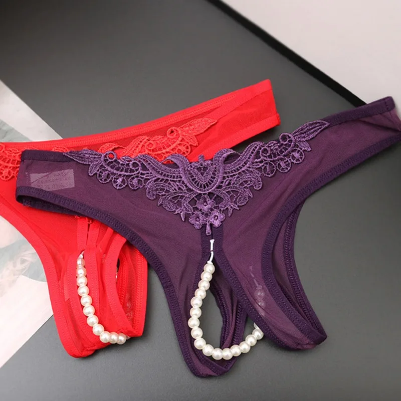 

Female Underwear Women's Pants Sexy Pearl G-String Women Embroidered Mesh Yarn Underwear T Pants Lace Seamless Thongs lingerie